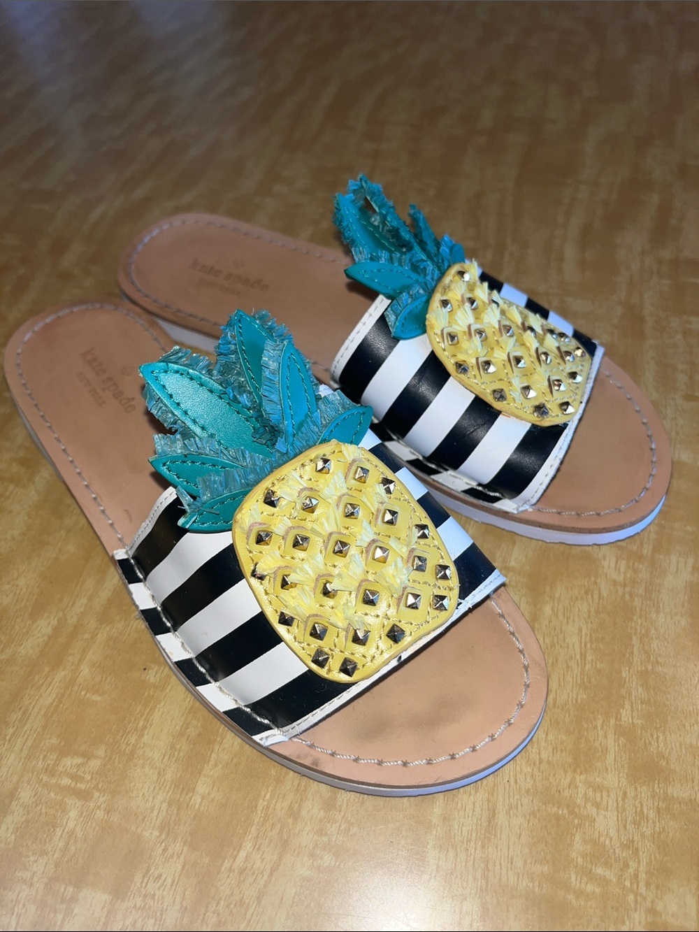 kate spade Black & White Stripe Pineapple Slide Sandals with Teal Leaves